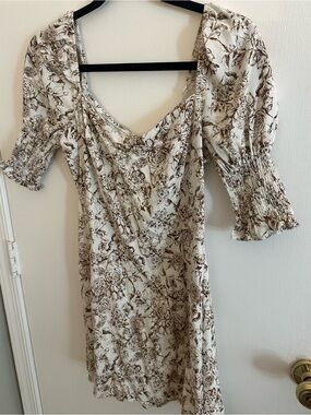miami Cream Floral Square-Neck Mini Dress with Brown Print